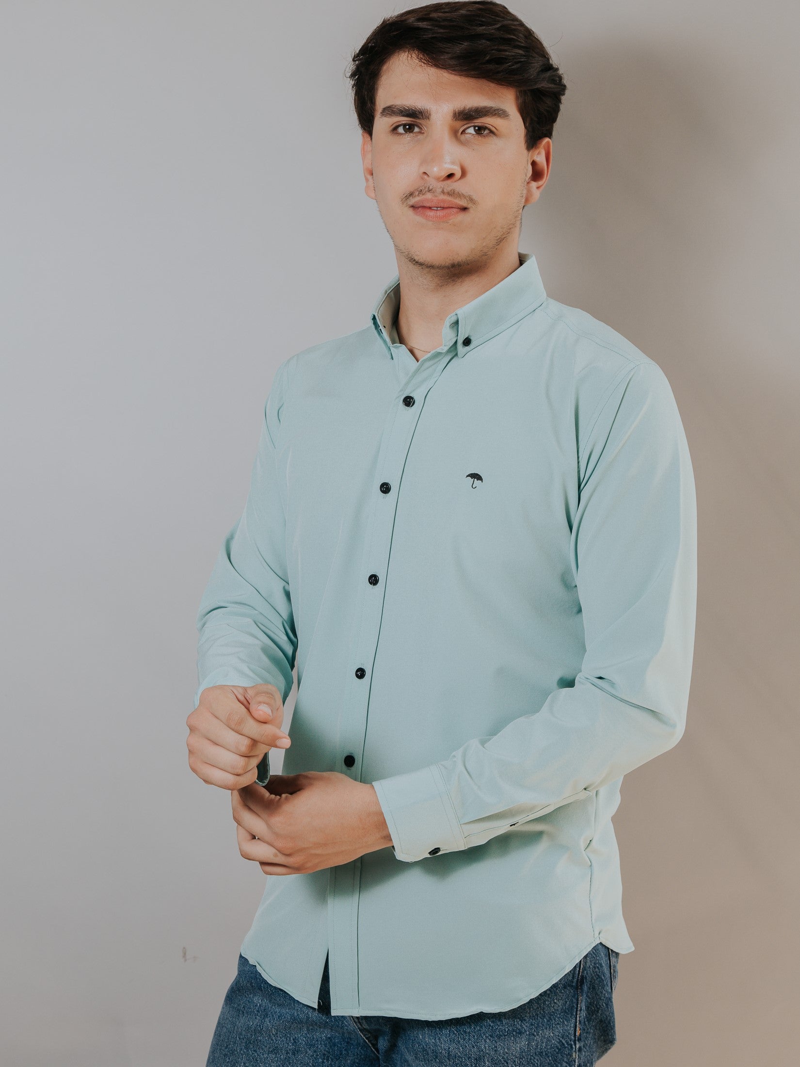 Camisa Hombre Casual Slim Fit Azul Menta Lisa - 34 (S)-Tiendas Platino