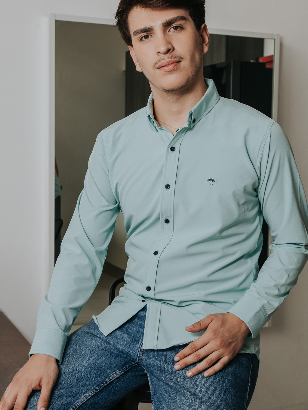 Camisa Hombre Casual Slim Fit Azul Menta Lisa - 34 (S)-Tiendas Platino