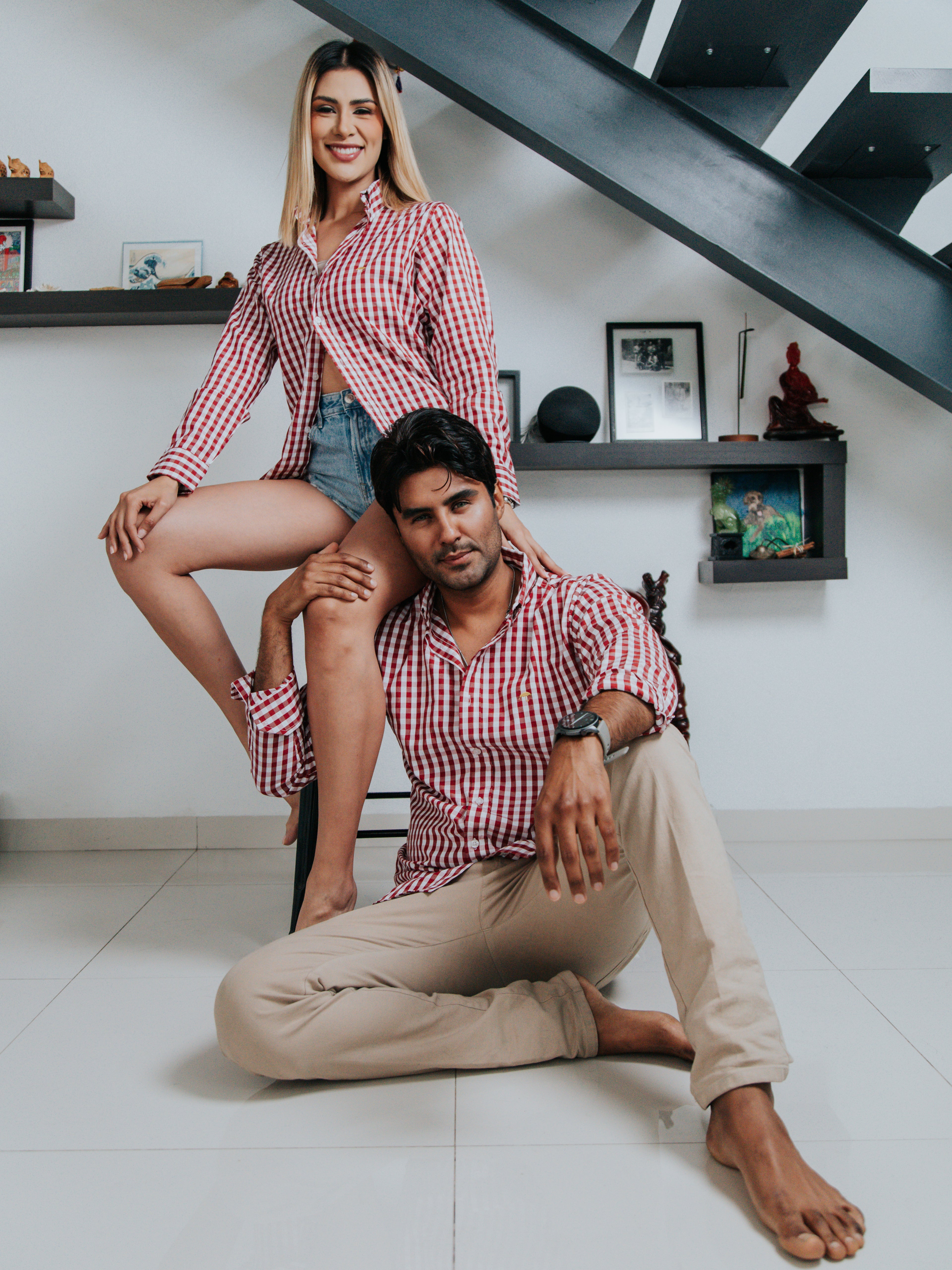 Camisa Hombre Casual Regular Fit Cuadros Grandes Blanco y Rojo - Tiendas Platino Camisas Hombre 34 (S)