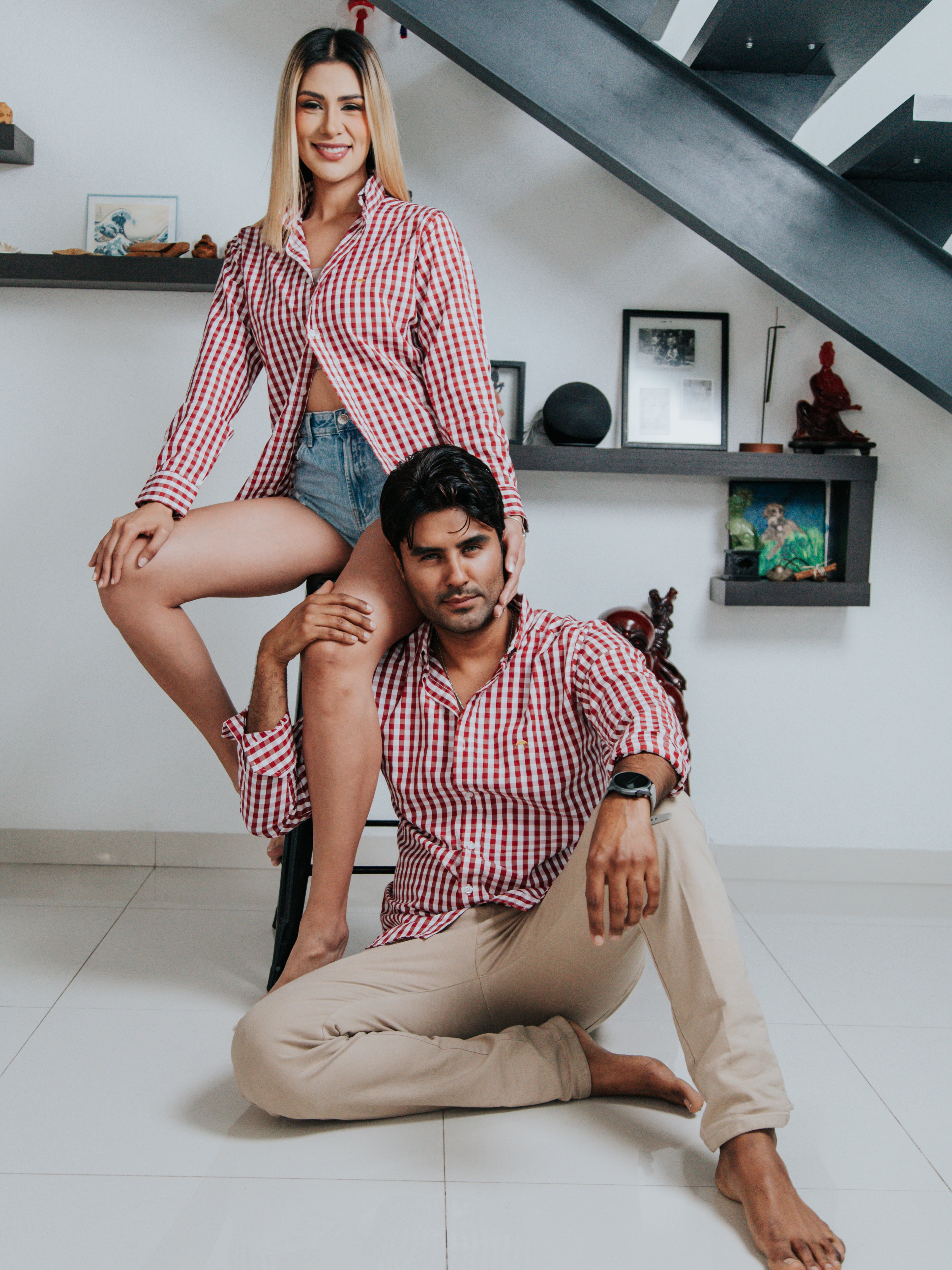 Camisa Hombre Casual Regular Fit Cuadros Grandes Blanco y Rojo - Tiendas Platino Camisas Hombre 34 (S)