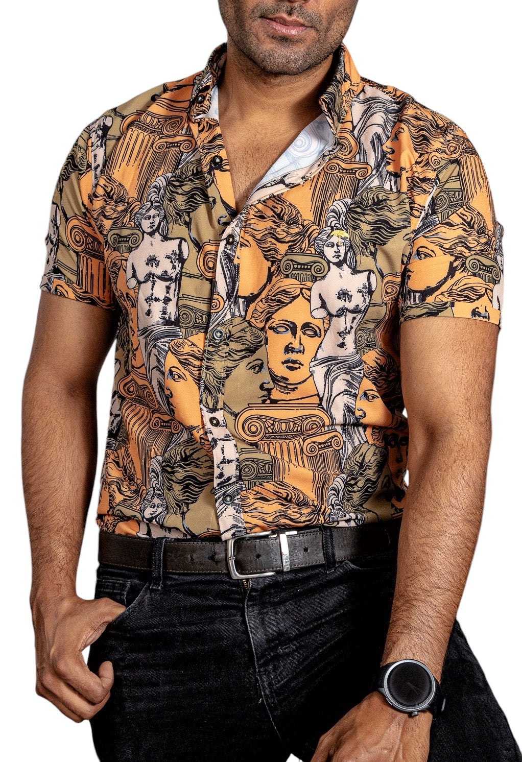 Camisa Hombre Casual Esculturas Griegas Naranjas - Tiendas Platino Camisas Hombre 34 (S)