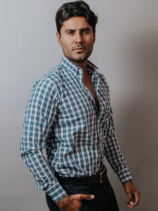 Camisa Hombre Casual Blanca Cuadros Verde y Azul Marino