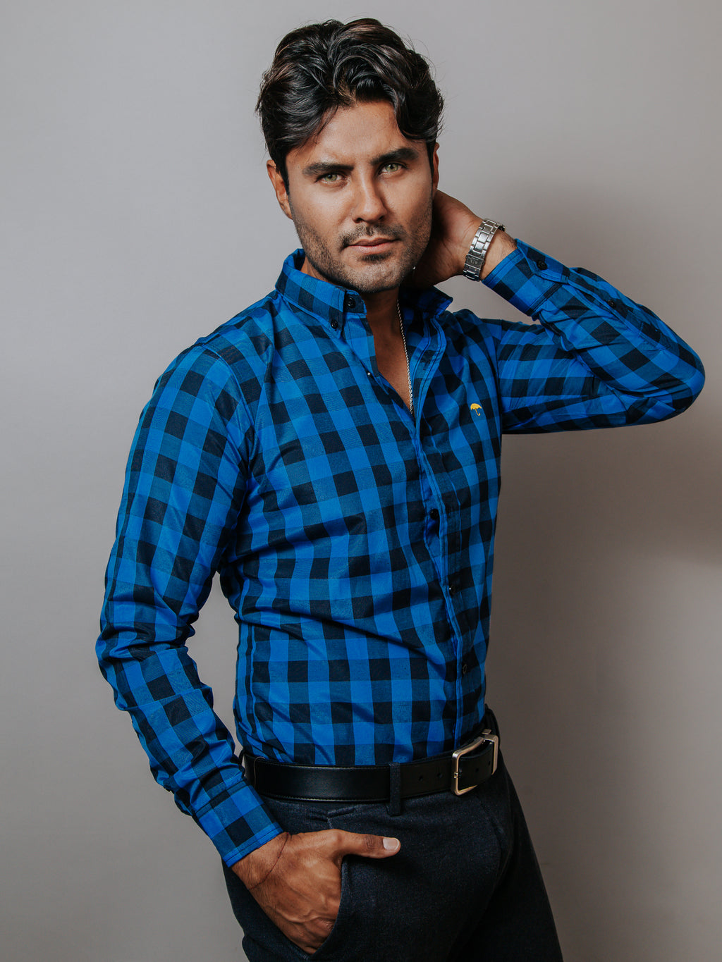 Camisa Hombre Casual Azul Cuadros Negro