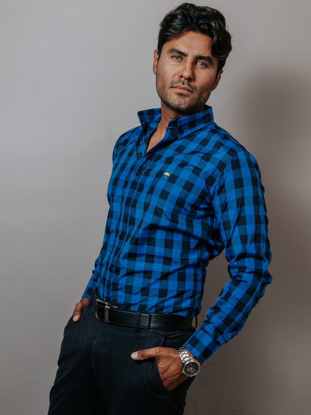 Camisa Hombre Casual Azul Cuadros Negro