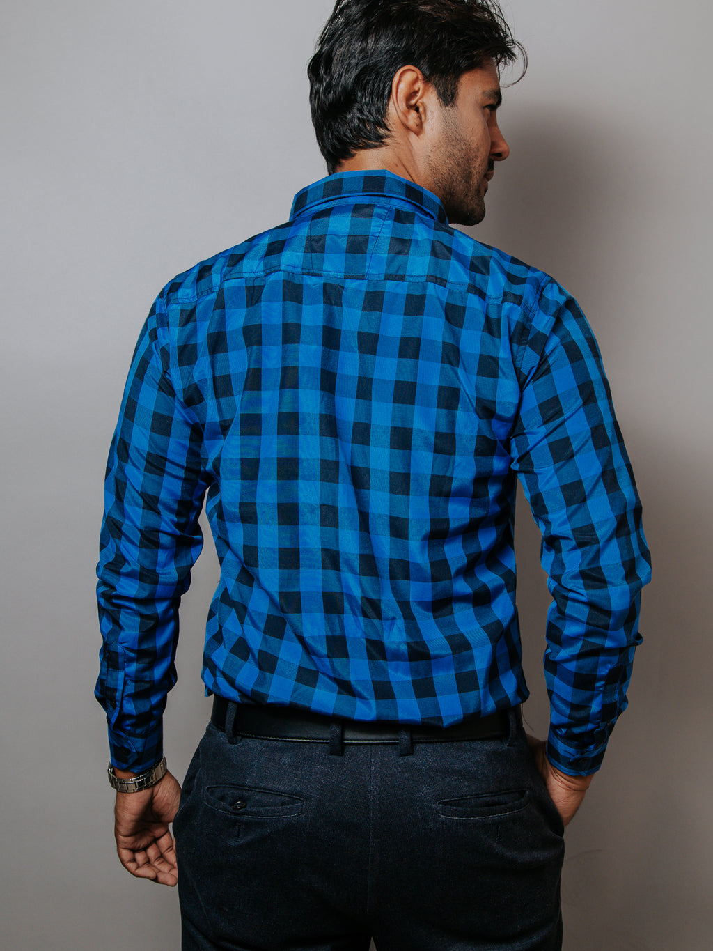 Camisa Hombre Casual Azul Cuadros Negro