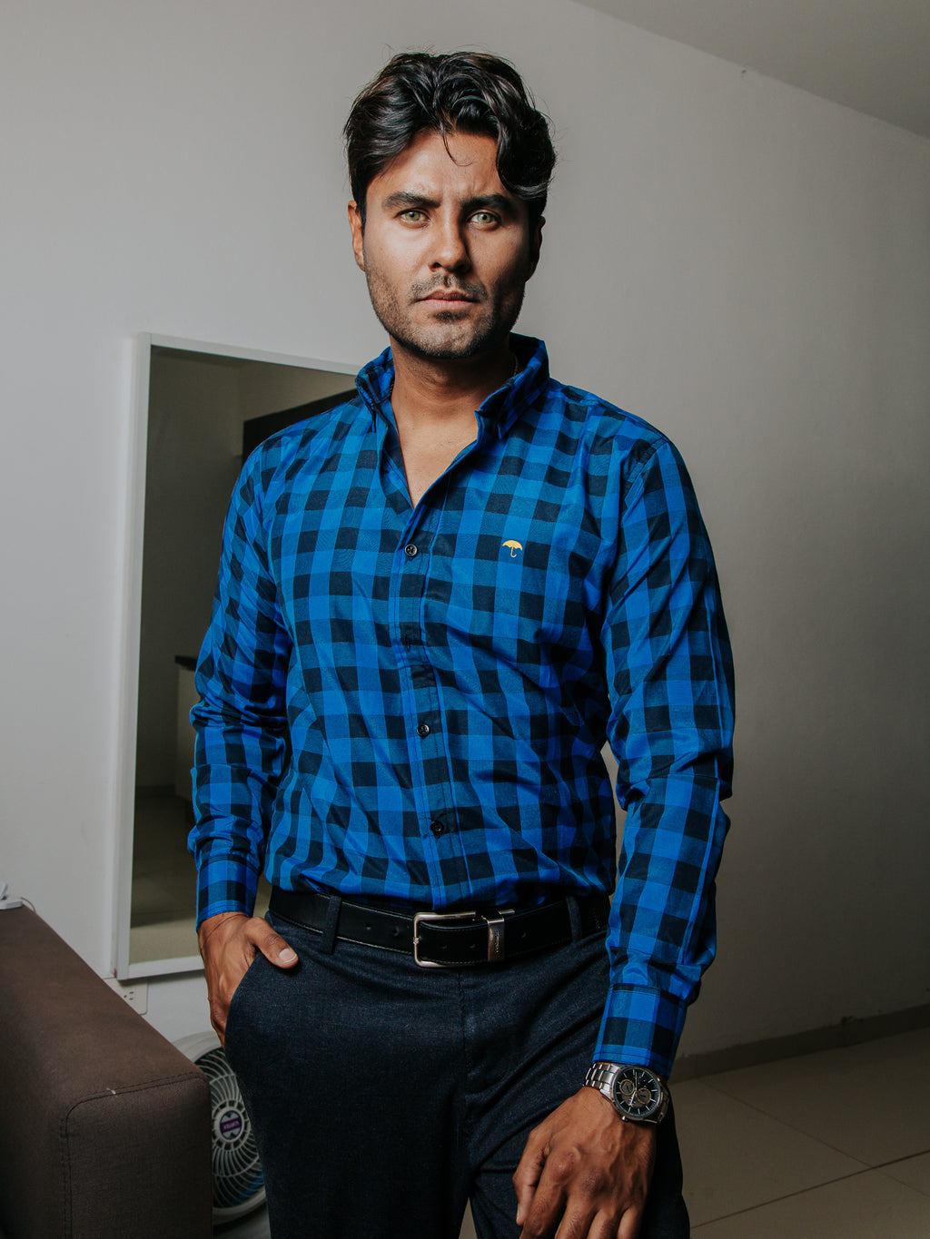 Camisa Hombre Casual Azul Cuadros Negro