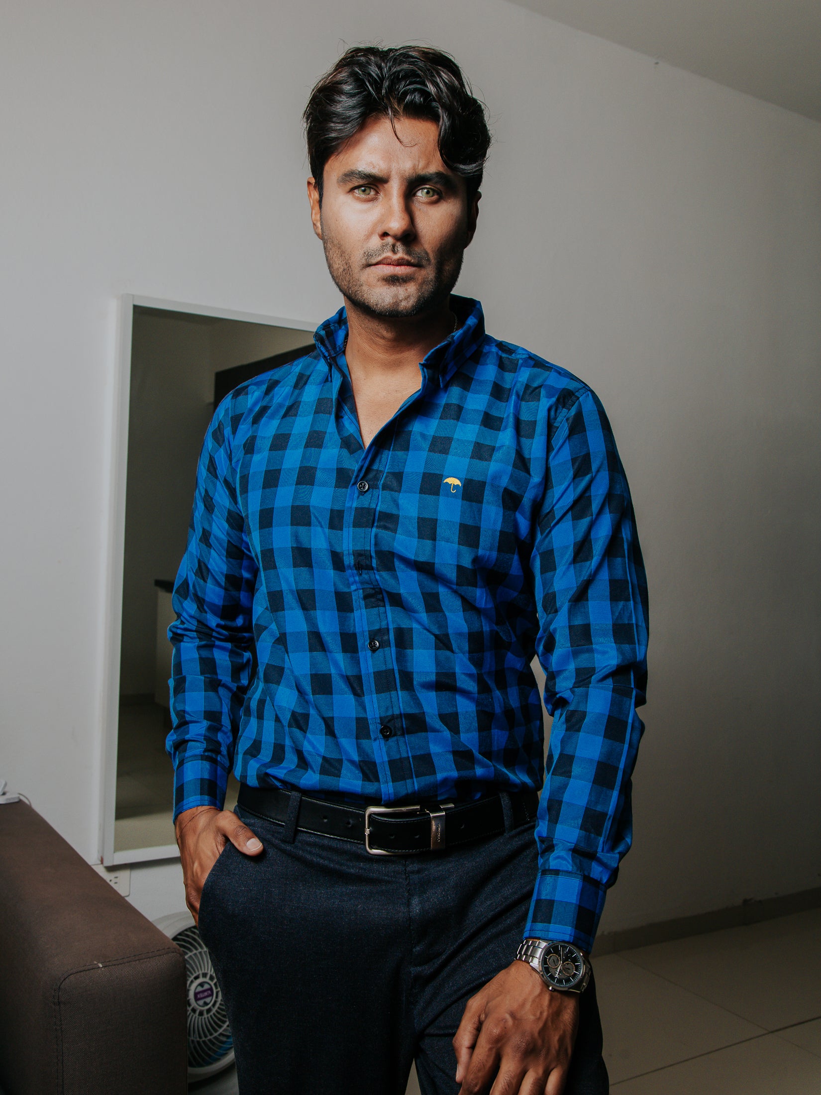 Camisa Hombre Casual Azul Cuadros Negro