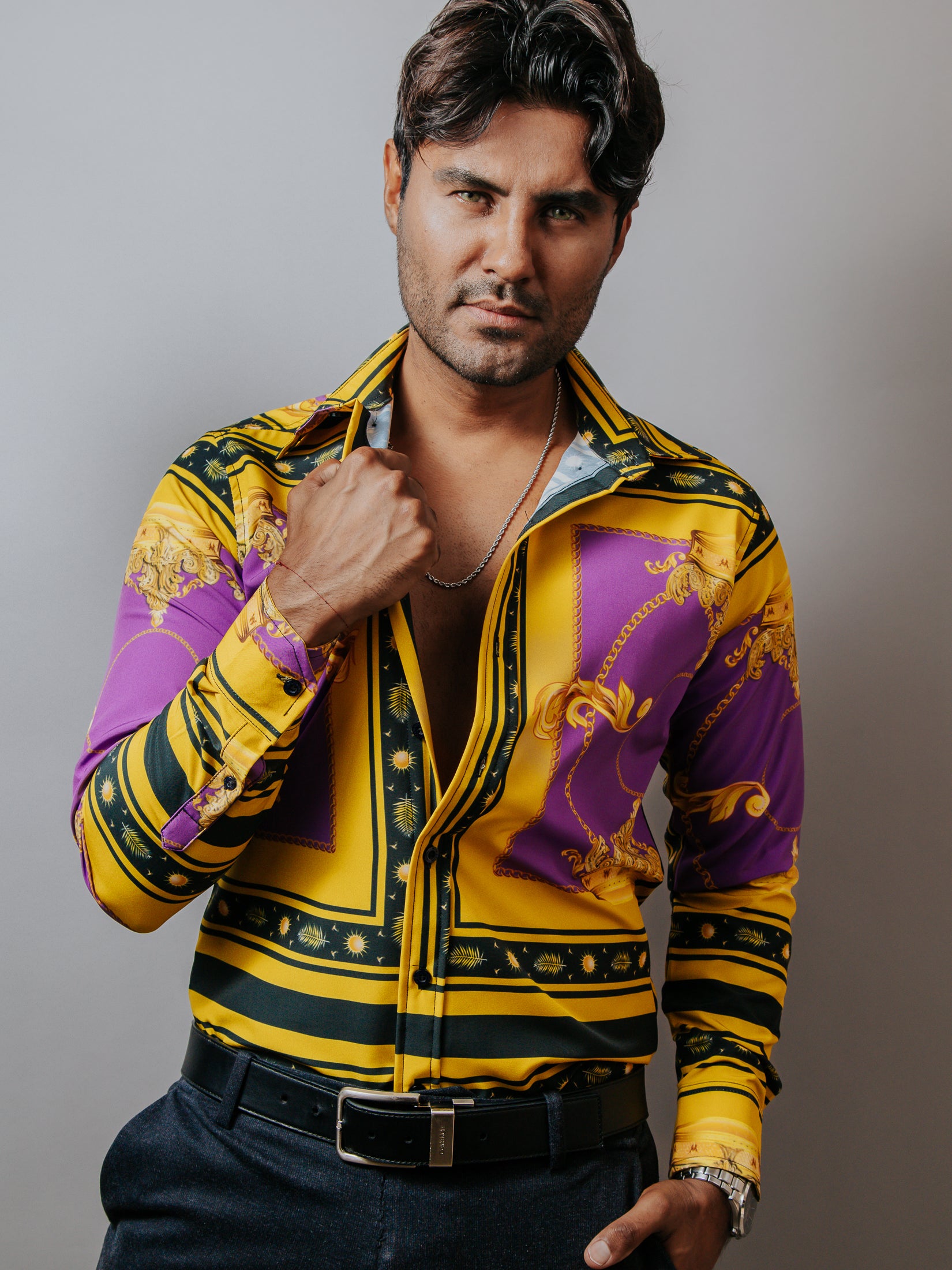 Camisa Hombre Casual Slim Fit Luis Miguel, Morada Y Dorado - 34 (S)-Tiendas Platino