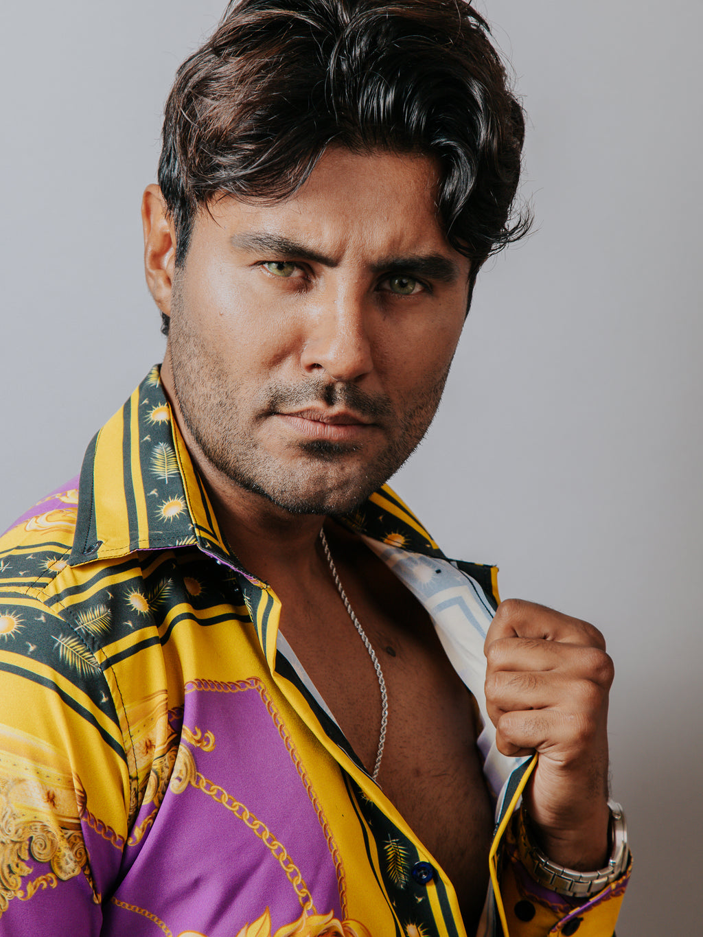 Camisa Hombre Casual Slim Fit Luis Miguel, Morada Y Dorado - 34 (S)-Tiendas Platino