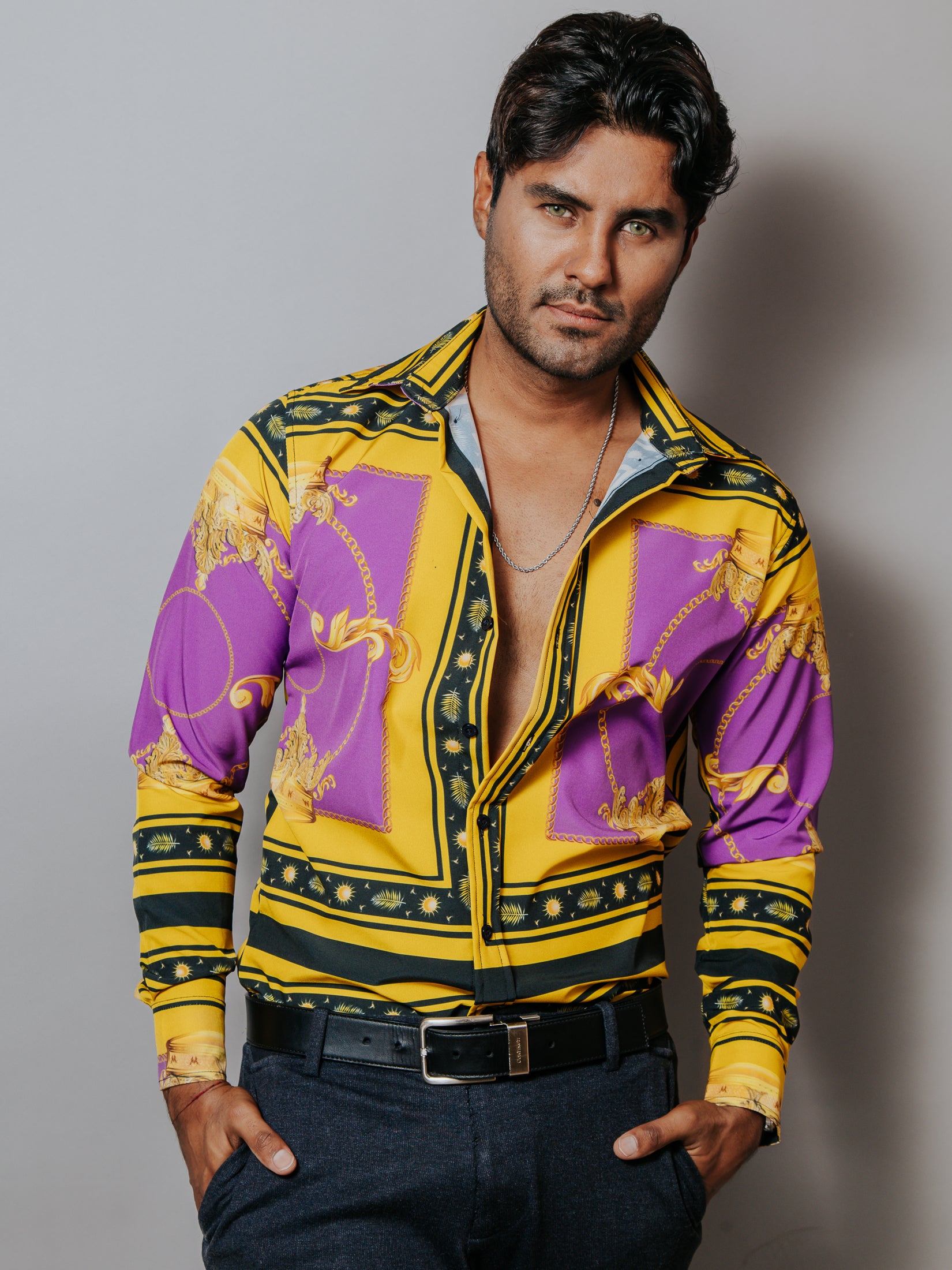 Camisa Hombre Casual Slim Fit Luis Miguel, Morada Y Dorado - 34 (S)-Tiendas Platino