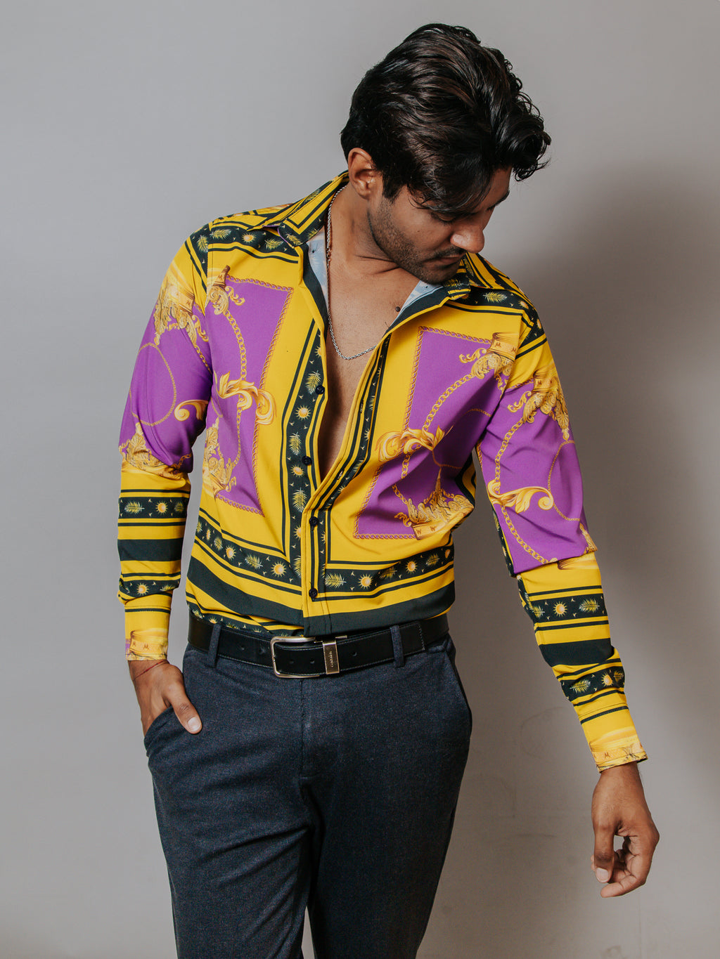 Camisa Hombre Casual Slim Fit Luis Miguel, Morada Y Dorado - 34 (S)-Tiendas Platino