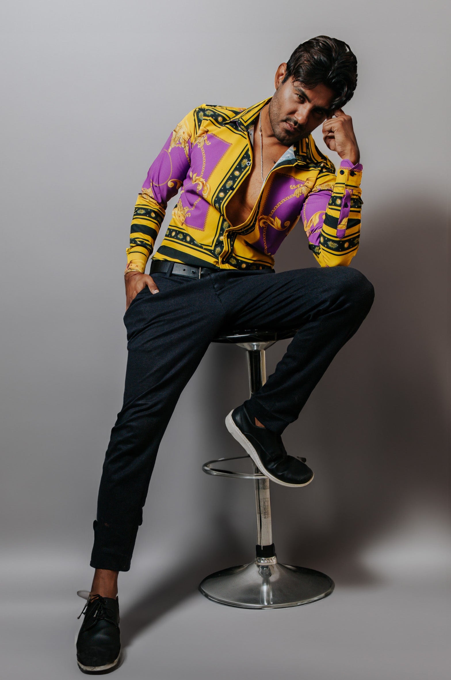 Camisa Hombre Casual Slim Fit Luis Miguel, Morada Y Dorado - 34 (S)-Tiendas Platino