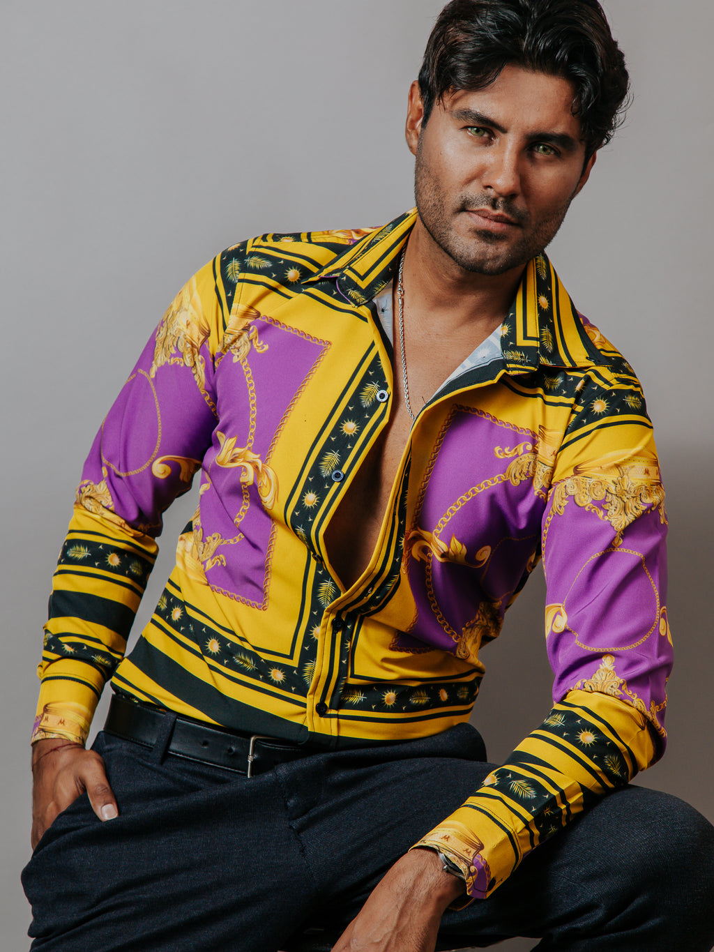 Camisa Hombre Casual Slim Fit Luis Miguel, Morada Y Dorado - 34 (S)-Tiendas Platino