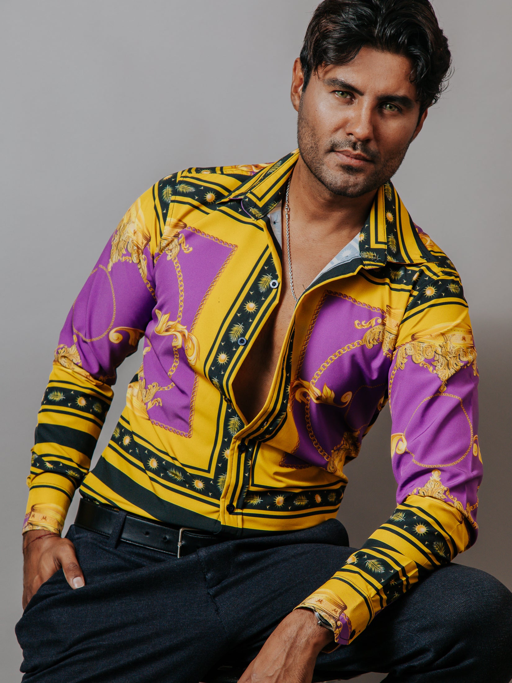 Camisa Hombre Casual Slim Fit Luis Miguel, Morada Y Dorado - 34 (S)-Tiendas Platino