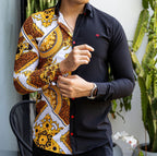 Camisa Hombre Casual Slim Fit Figuras Barroco Doradas - Negra - 34 (S)-Tiendas Platino