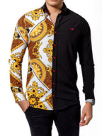 Camisa Hombre Casual Slim Fit Figuras Barroco Doradas - Negra - 34 (S)-Tiendas Platino