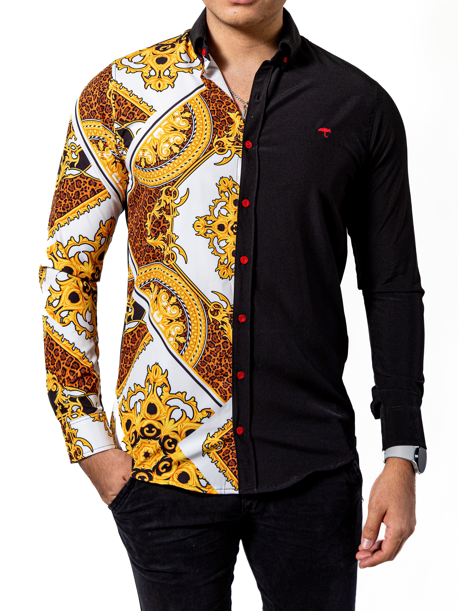 Camisa Hombre Casual Slim Fit Figuras Barroco Doradas - Negra - 34 (S)-Tiendas Platino