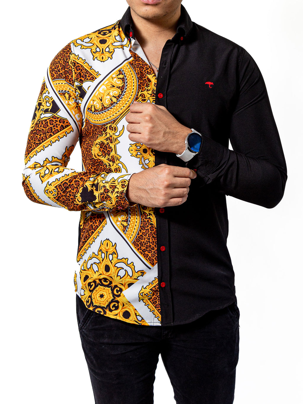 Camisa Hombre Casual Slim Fit Figuras Barroco Doradas - Negra - 34 (S)-Tiendas Platino