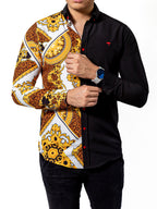 Camisa Hombre Casual Slim Fit Figuras Barroco Doradas - Negra - 34 (S)-Tiendas Platino