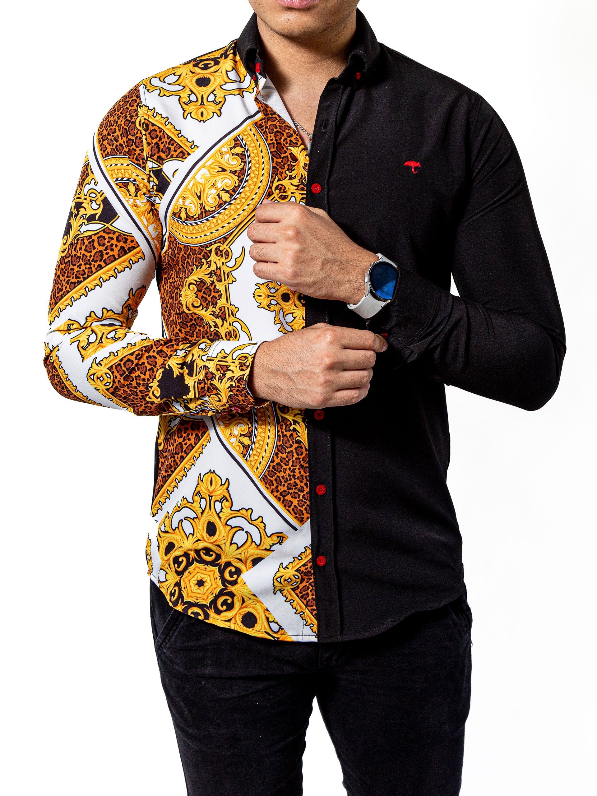 Camisa Hombre Casual Slim Fit Figuras Barroco Doradas - Negra - 34 (S)-Tiendas Platino