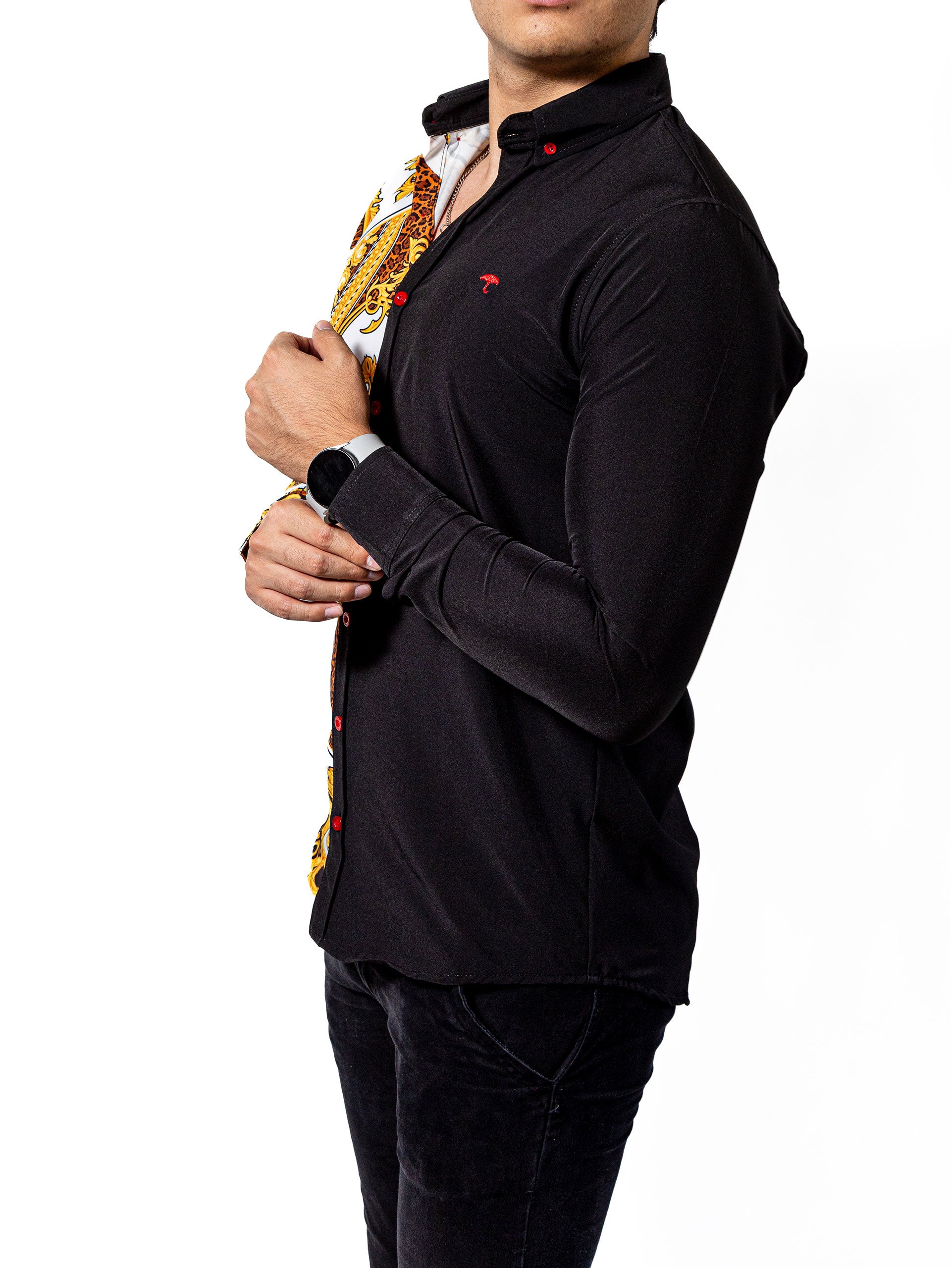 Camisa Hombre Casual Slim Fit Figuras Barroco Doradas - Negra - 34 (S)-Tiendas Platino