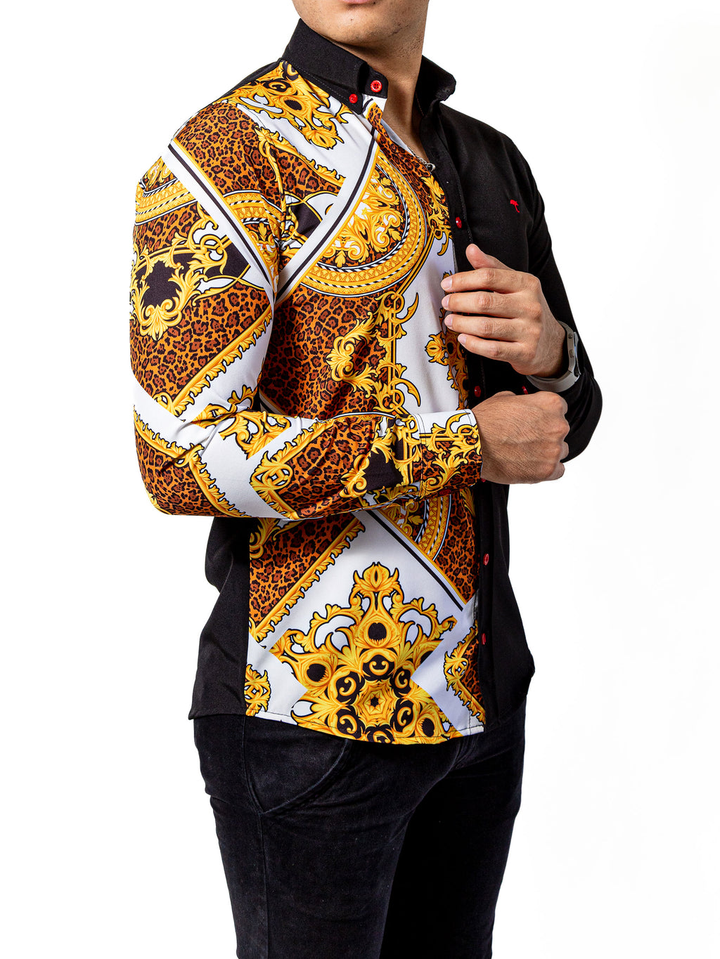 Camisa Hombre Casual Slim Fit Figuras Barroco Doradas - Negra - 34 (S)-Tiendas Platino