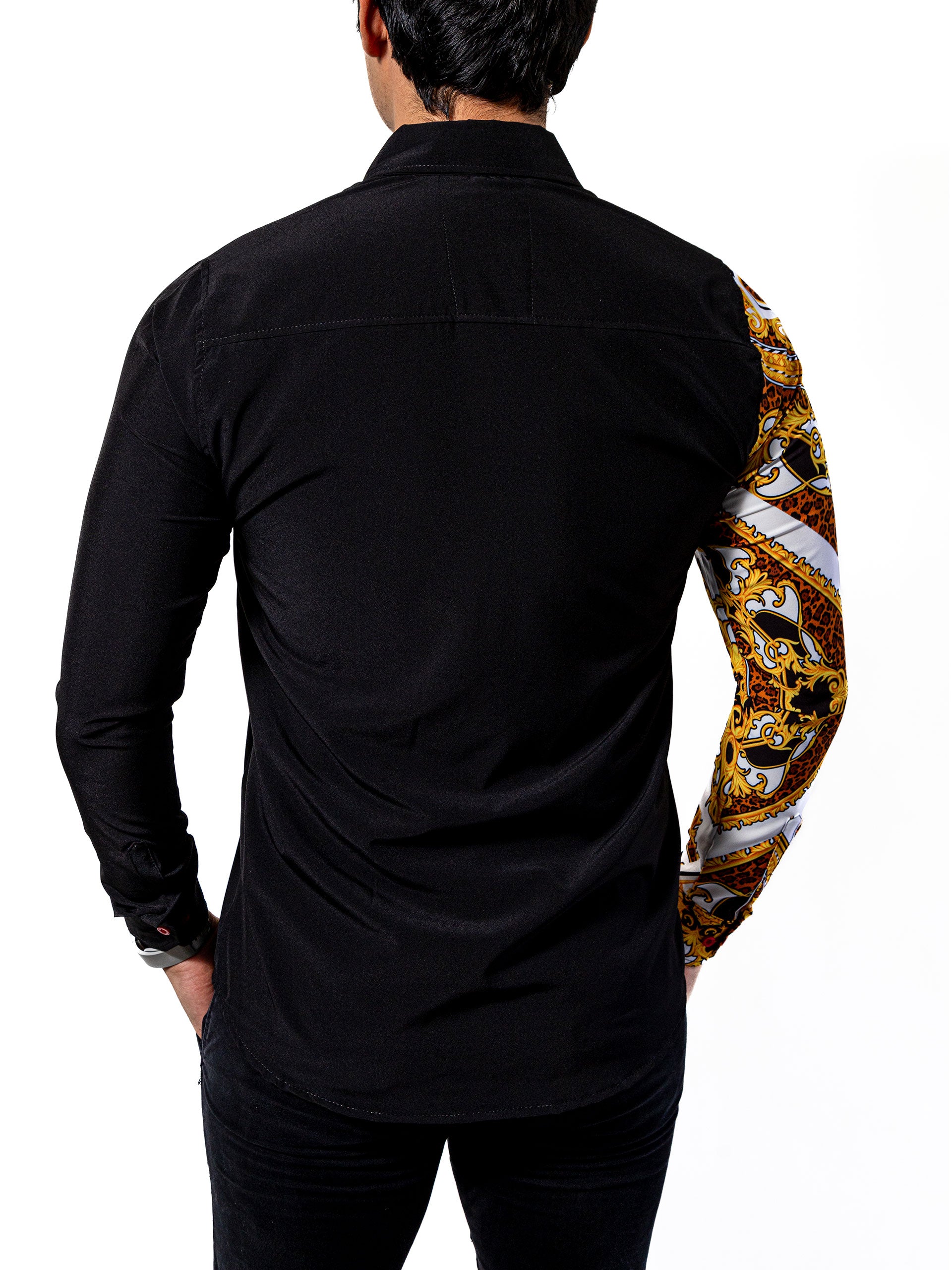 Camisa Hombre Casual Slim Fit Figuras Barroco Doradas - Negra - 34 (S)-Tiendas Platino