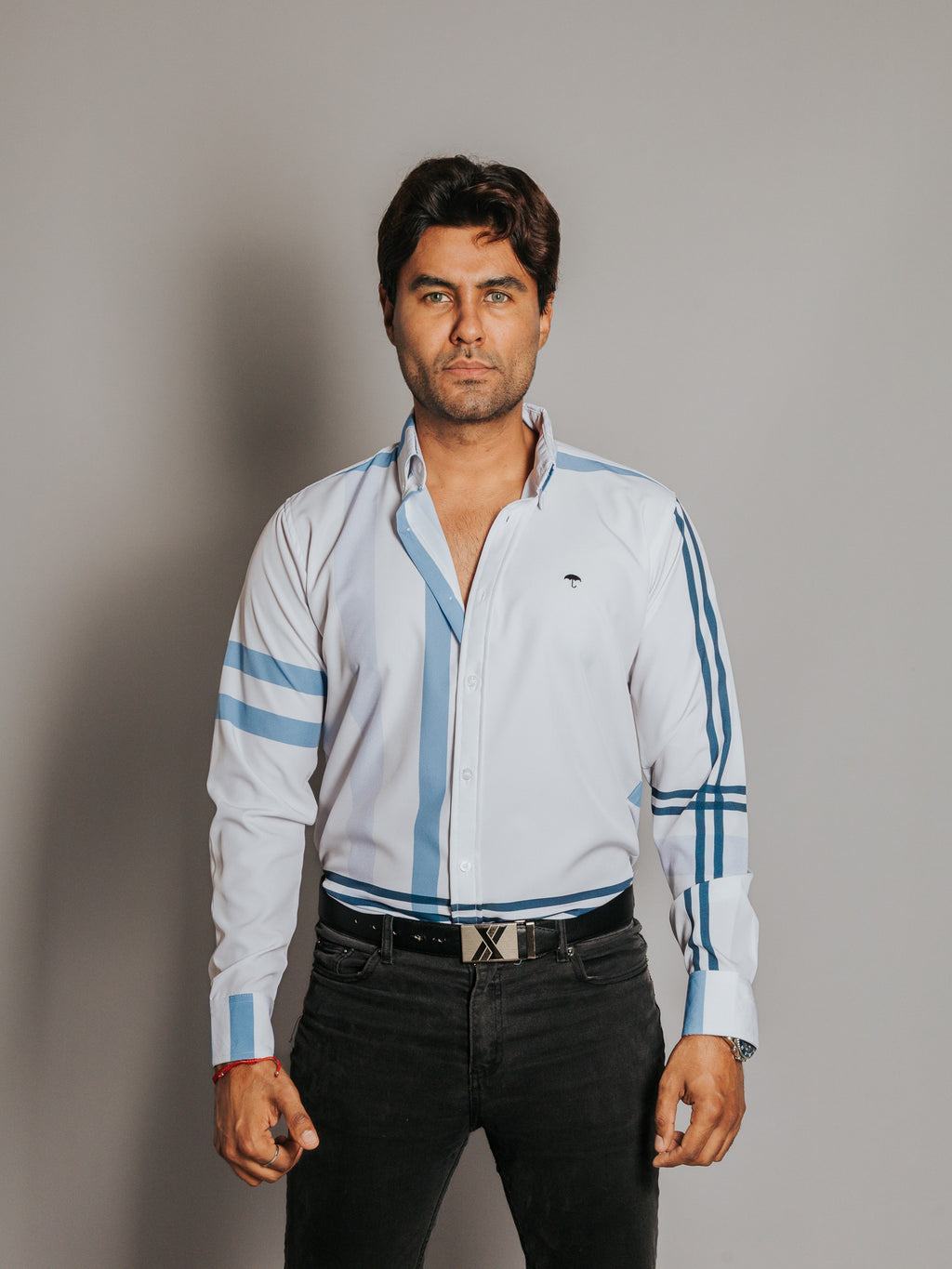 Camisa Hombre Casual Franjas Azules y Lila