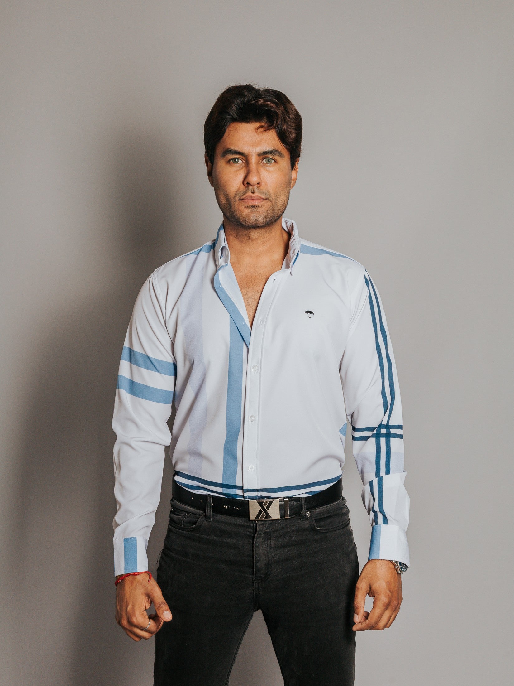 Camisa Hombre Casual Franjas Azules y Lila