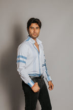 Camisa Hombre Casual Franjas Azules y Lila