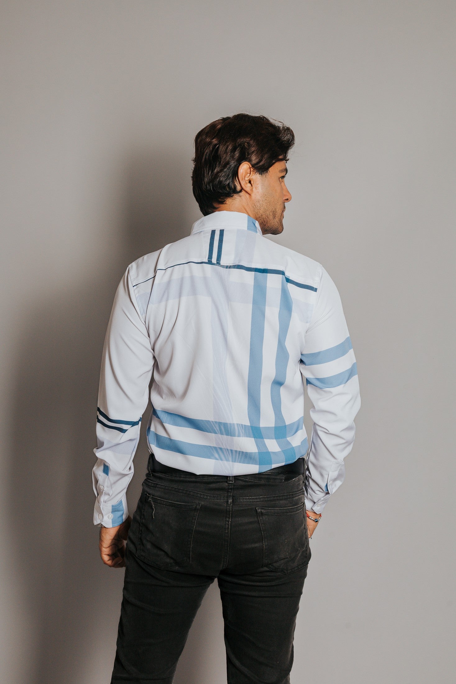 Camisa Hombre Casual Franjas Azules y Lila
