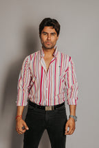 Camisa Hombre Casual Líneas Blanca Rosa Azul y Negro
