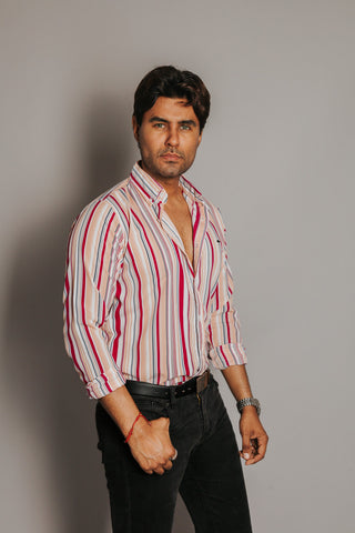 Camisa Hombre Casual Líneas Blanca Rosa Azul y Negro