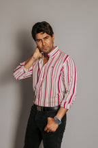 Camisa Hombre Casual Líneas Blanca Rosa Azul y Negro