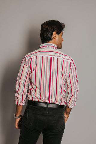Camisa Hombre Casual Líneas Blanca Rosa Azul y Negro