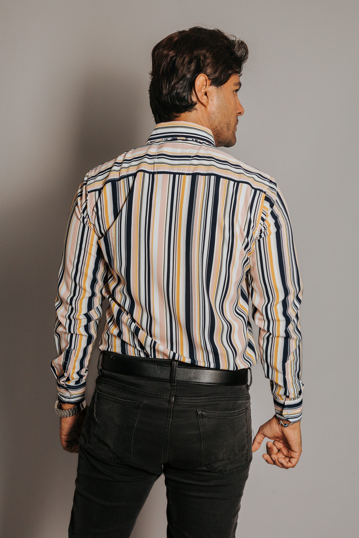 Camisa Hombre Casual Líneas Blanca Amarilla y Negra