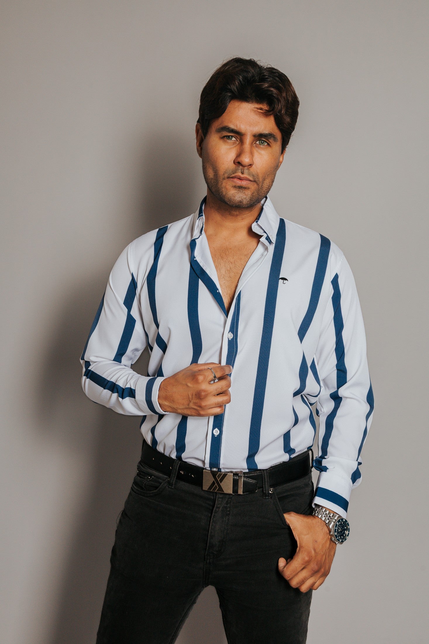 Camisa Hombre Blanca Casual Franjas Azul