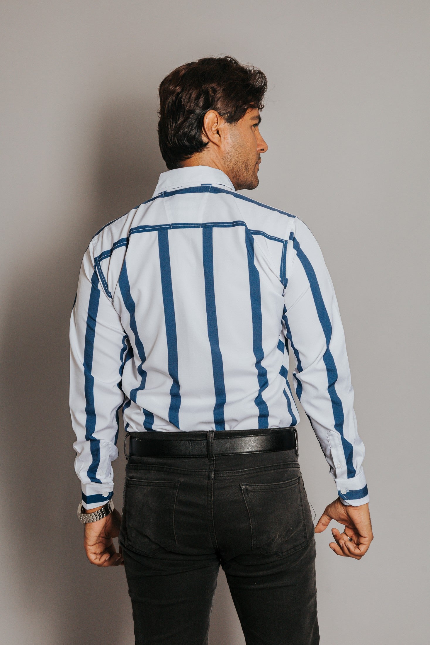 Camisa Hombre Blanca Casual Franjas Azul