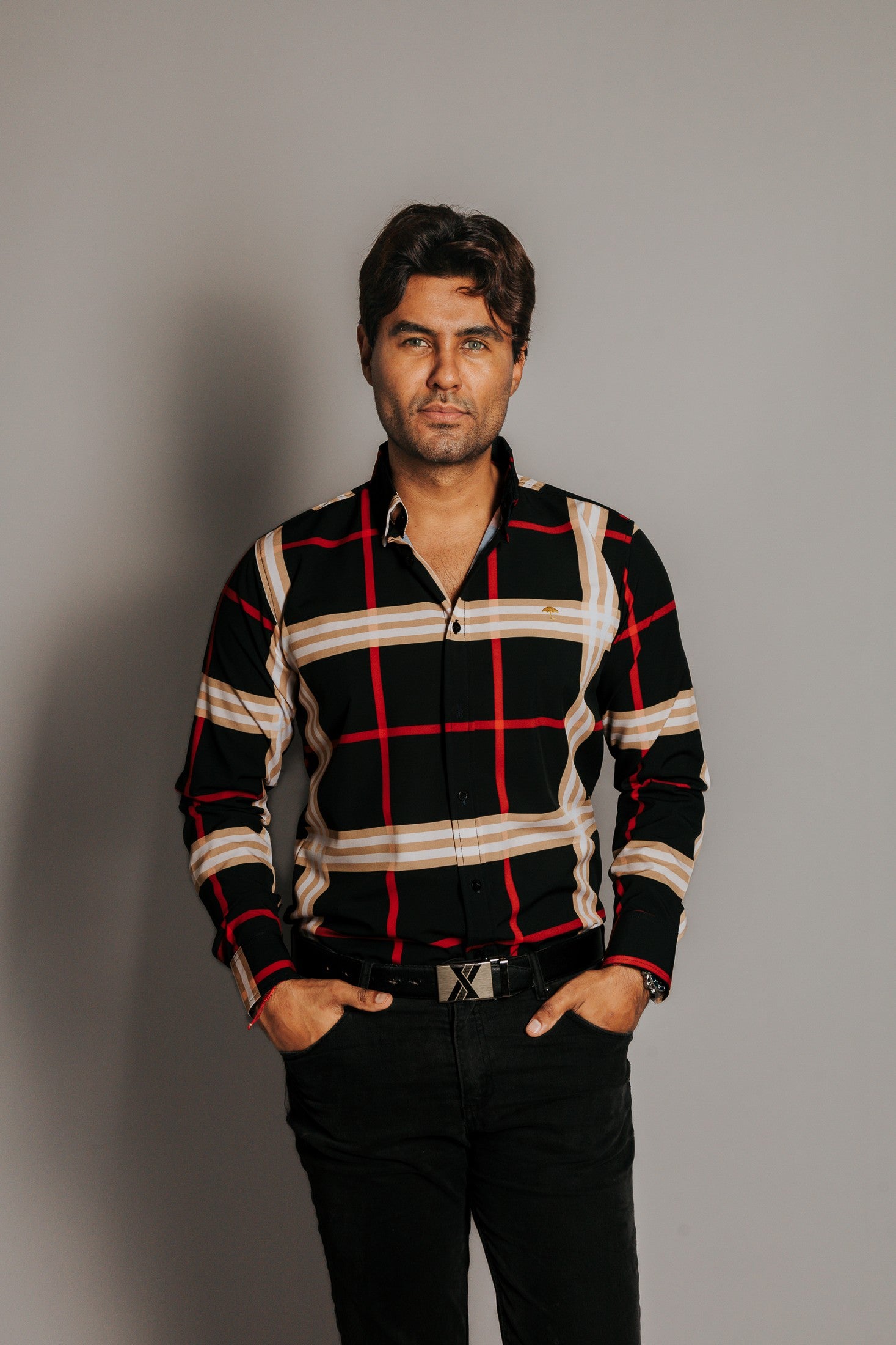 Camisa Hombre Casual Cuadros Beige Rojo y Blanco