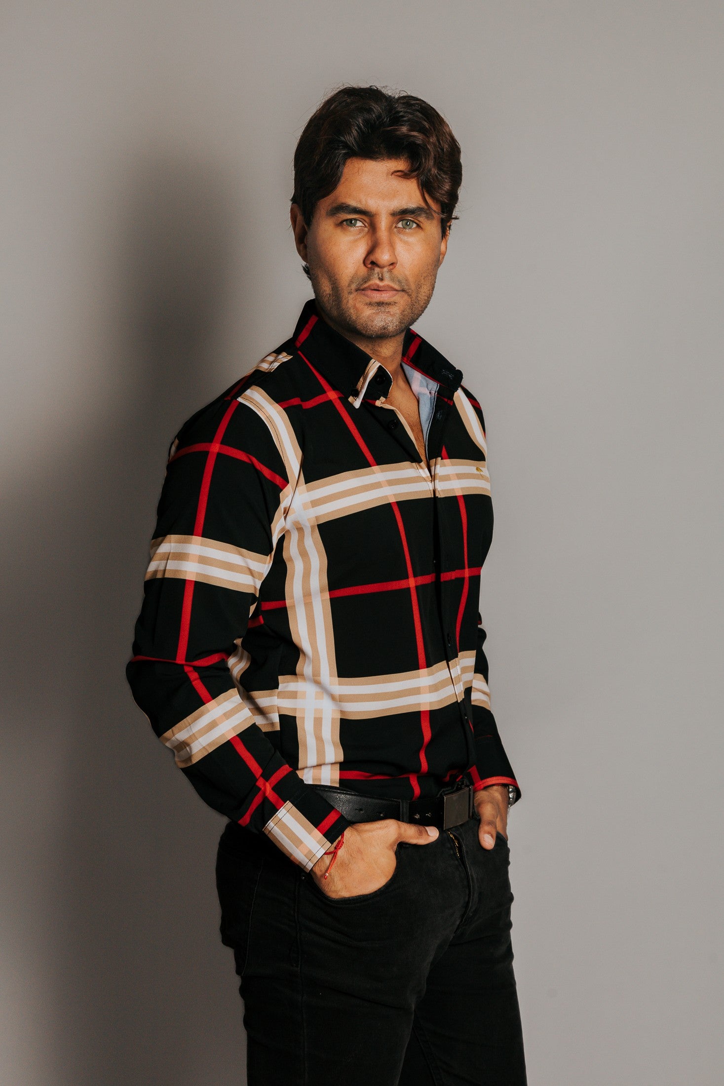Camisa Hombre Casual Cuadros Beige Rojo y Blanco