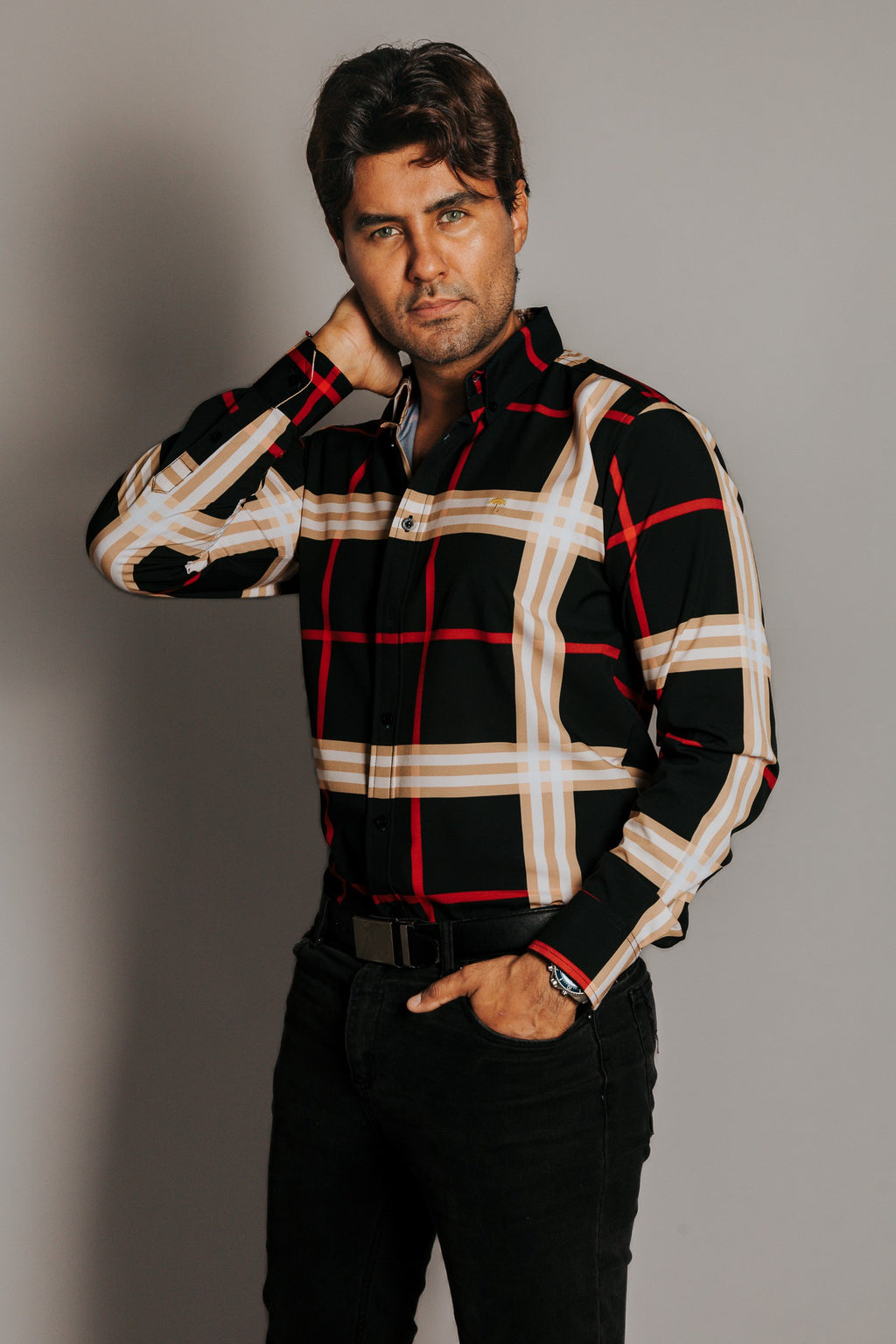 Camisa Hombre Casual Cuadros Beige Rojo y Blanco