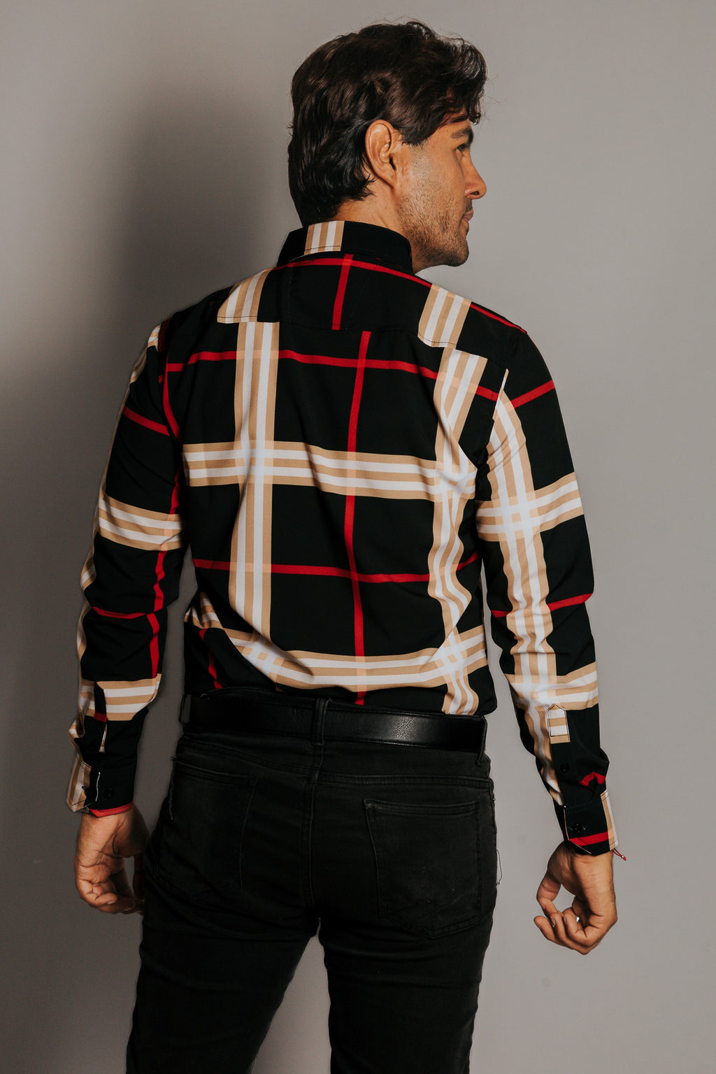 Camisa Hombre Casual Cuadros Beige Rojo y Blanco