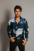 Camisa Hombre Casual Negra Rosas Moradas y Blancas