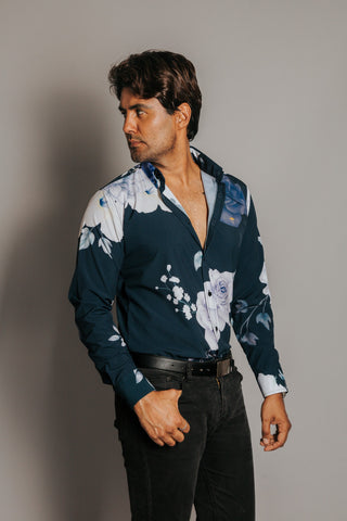 Camisa Hombre Casual Negra Rosas Moradas y Blancas