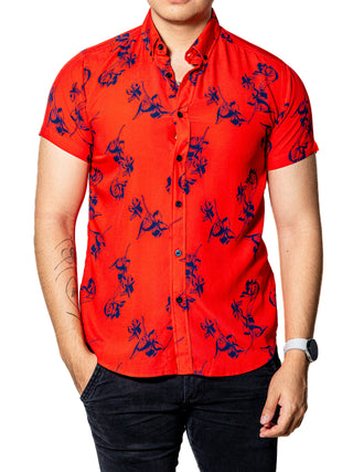Camisa Hombre Casual Manga Corta Roja Flores Marino