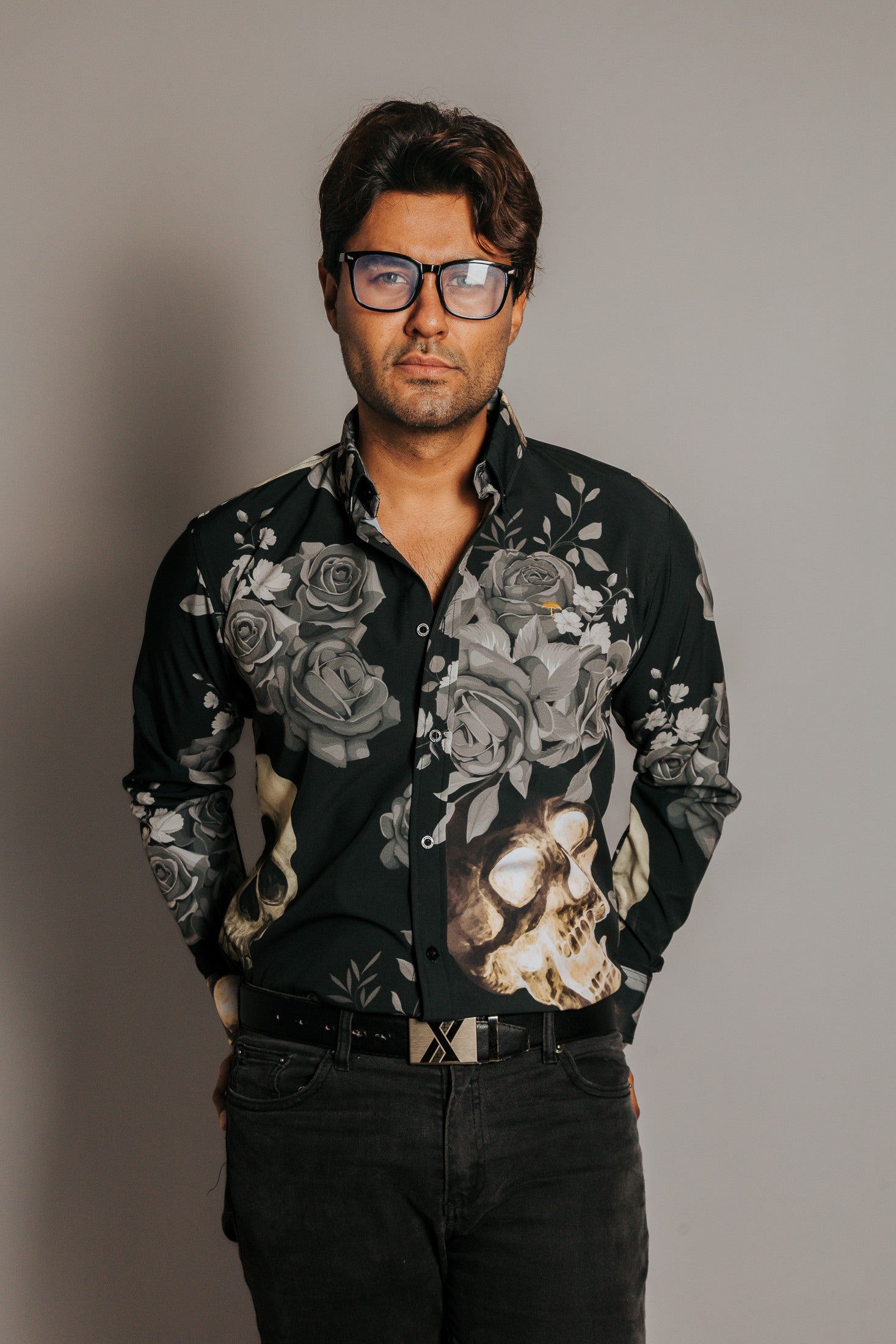 Camisa Hombre Casual Negro Rosas Con Calavera
