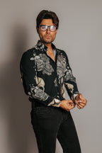 Camisa Hombre Casual Negro Rosas Con Calavera
