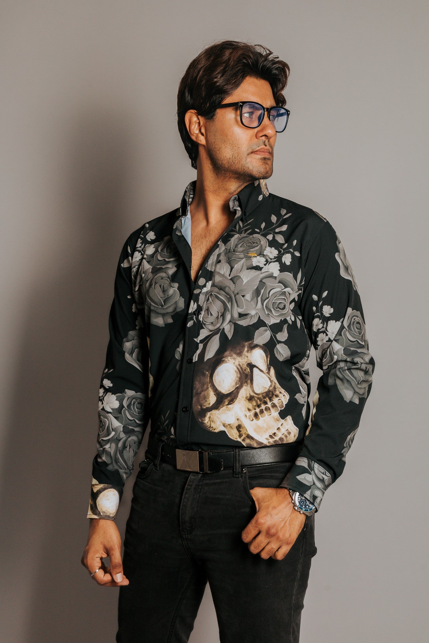 Camisa Hombre Casual Negro Rosas Con Calavera