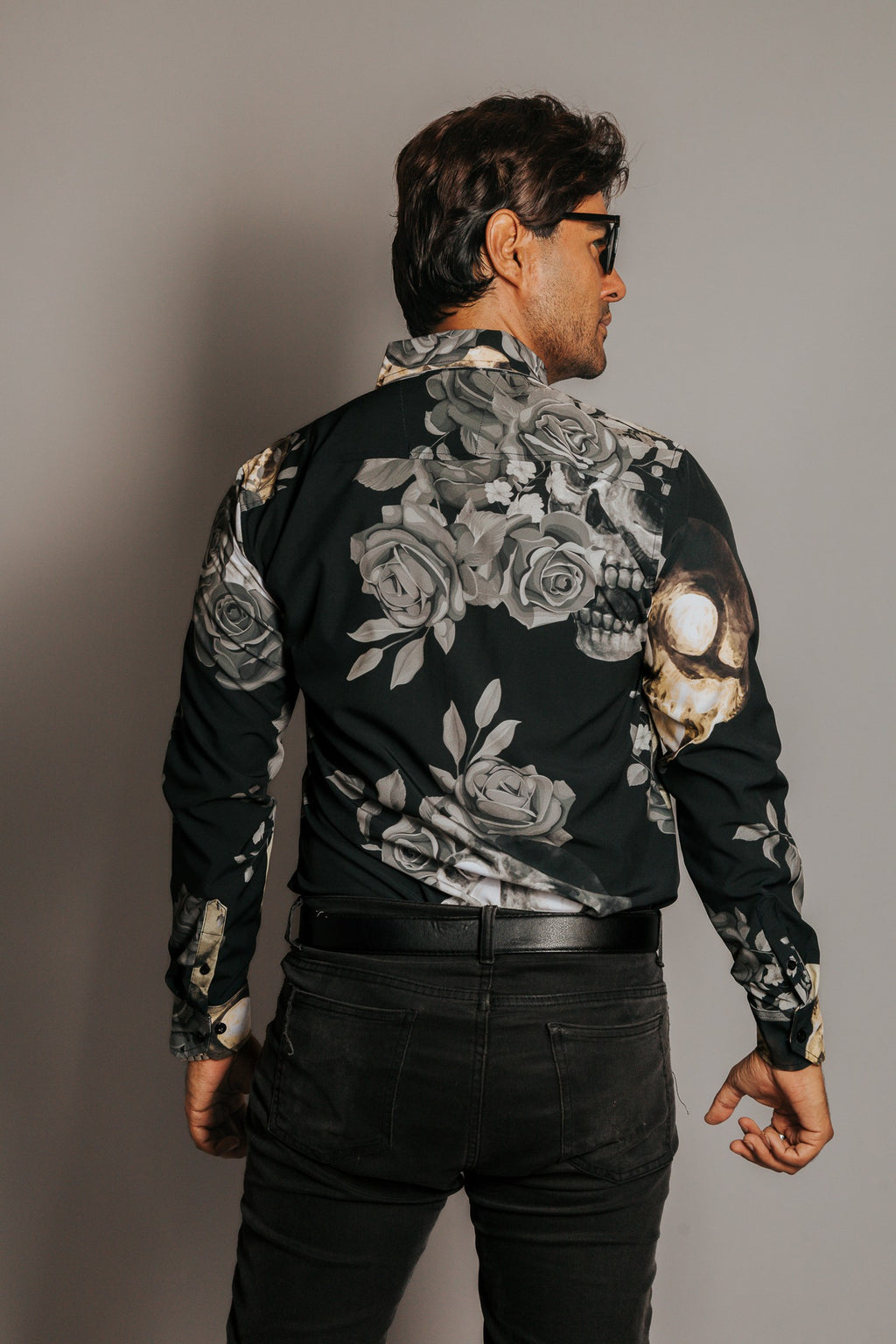 Camisa Hombre Casual Negro Rosas Con Calavera