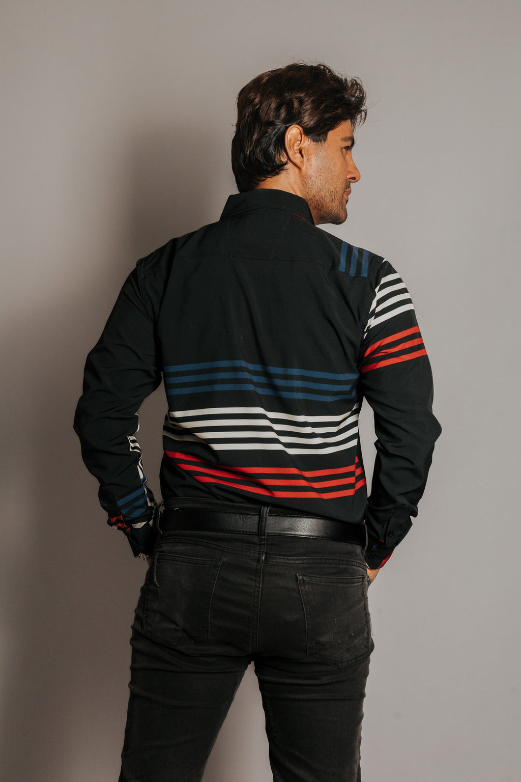 Camisa Hombre Casual Líneas Beige Azul y Rojo